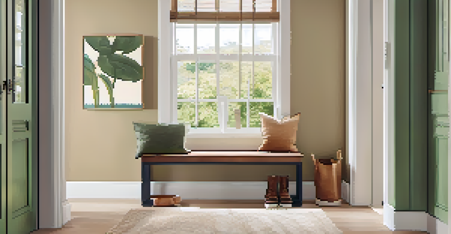 A stylish entryway with a decorative bench that has hidden storage, wall hooks for jackets, and a neat shoe rack below the bench, all creating an inviting atmosphere.