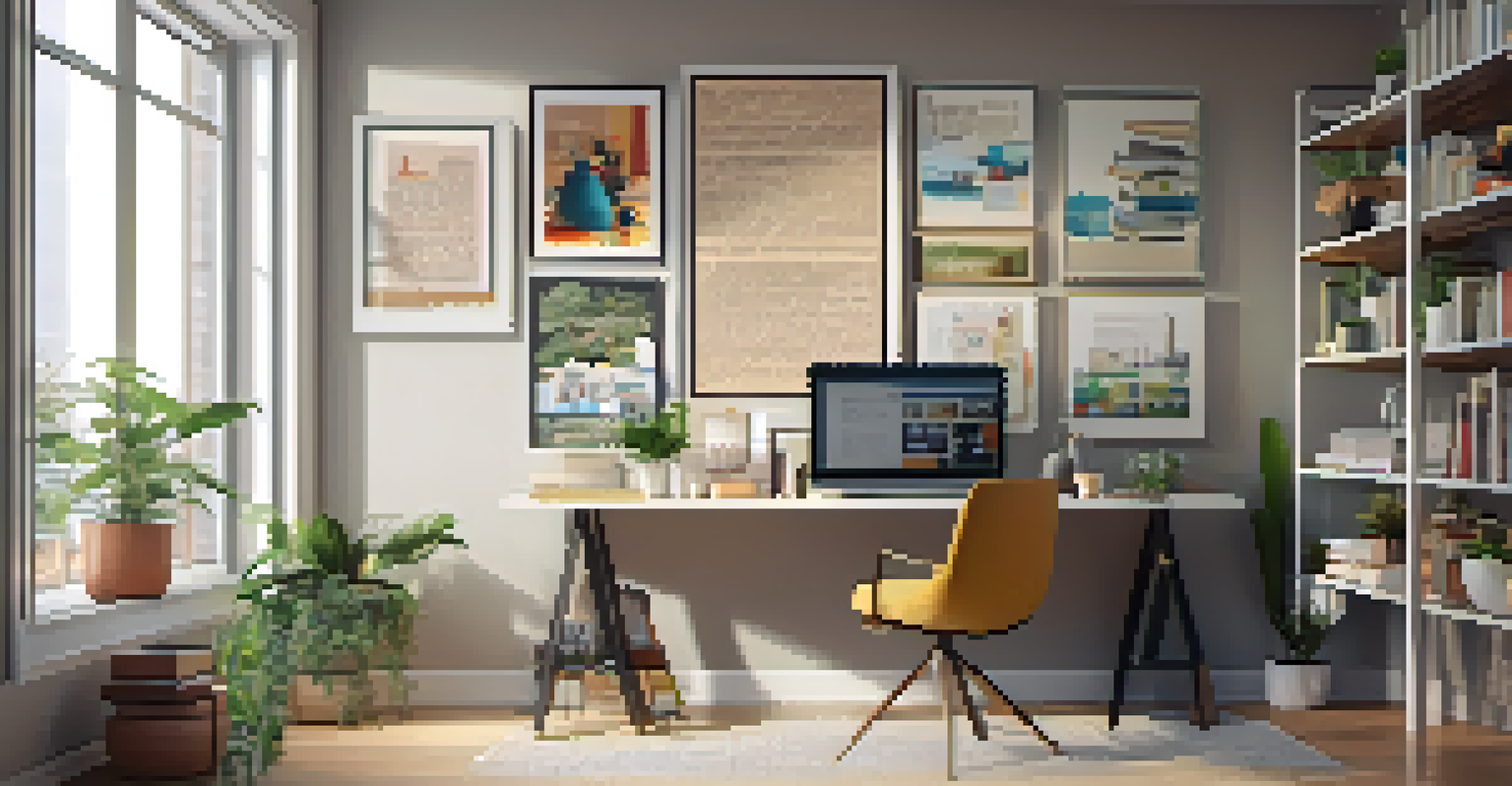 A person smiling during a video call in a modern home office, with motivational artwork and bookshelves in the background, illuminated by natural light.