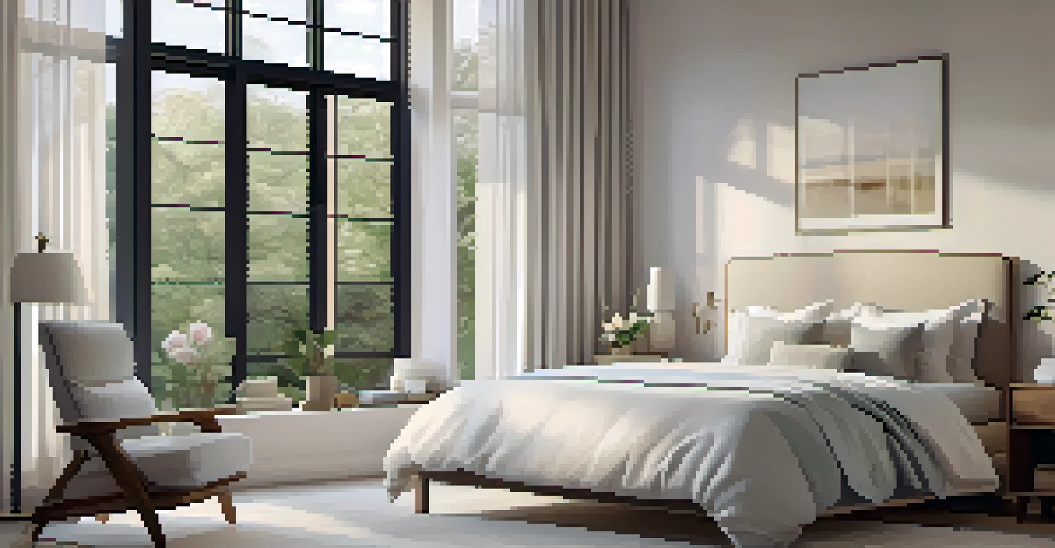 A peaceful bedroom with a neatly made bed, soft linens, and large windows with sheer curtains.