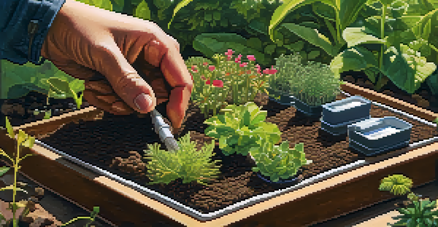 Close-up of a soil test kit in a garden, surrounded by various native plants, under warm natural light.