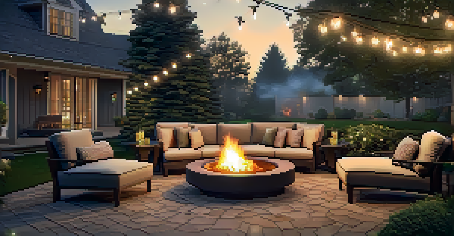 A cozy patio with outdoor furniture around a fire pit, illuminated by string lights and surrounded by greenery.