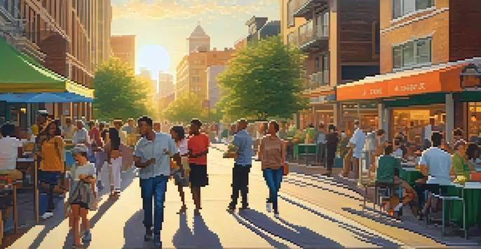 A vibrant urban scene with people interacting, modern buildings, and parks during sunset.
