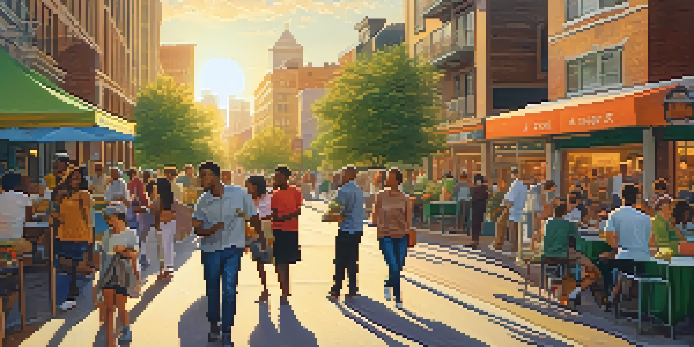 A vibrant urban scene with people interacting, modern buildings, and parks during sunset.