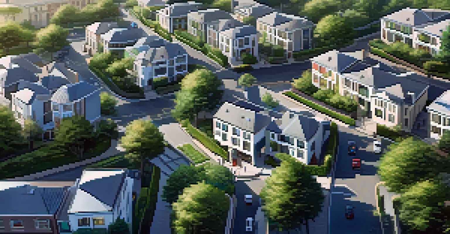 Aerial view of a residential area next to a commercial district, showing houses and busy shops.