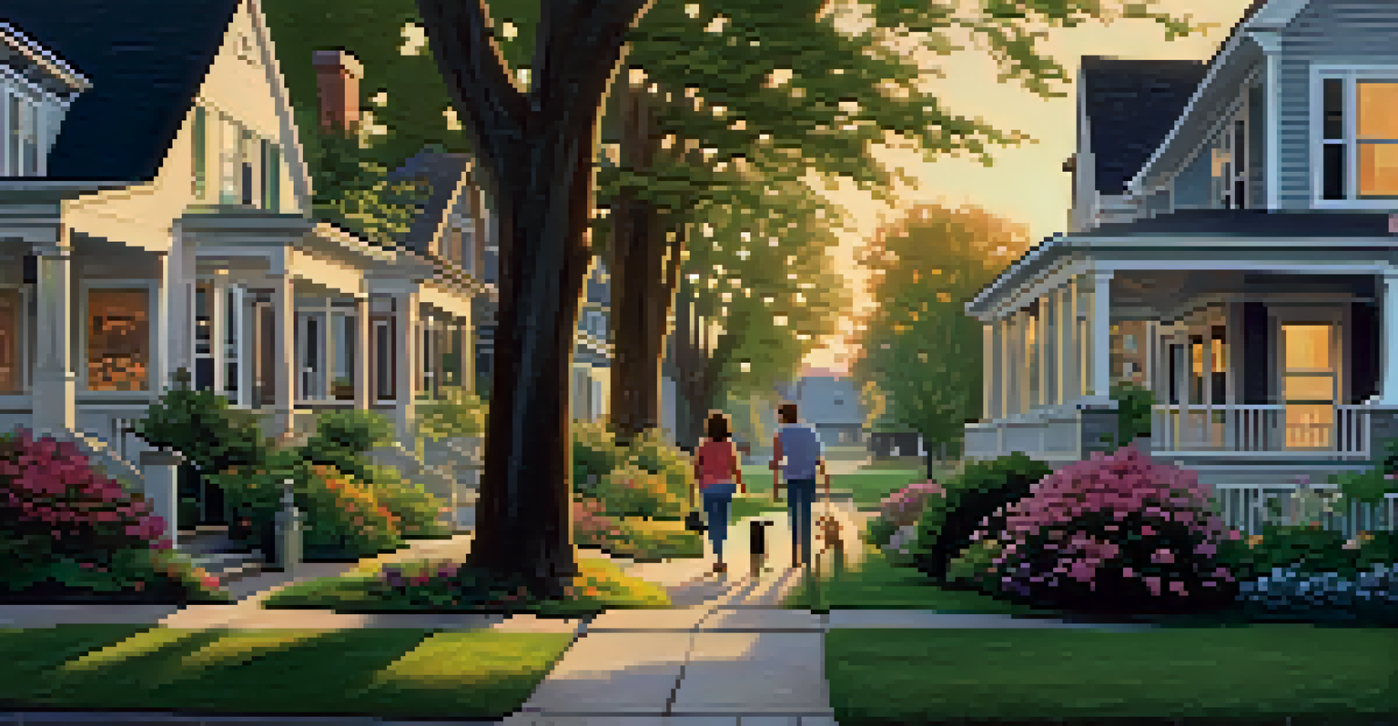 A peaceful suburban neighborhood at dusk with houses, gardens, and a family walking their dog along a tree-lined street.
