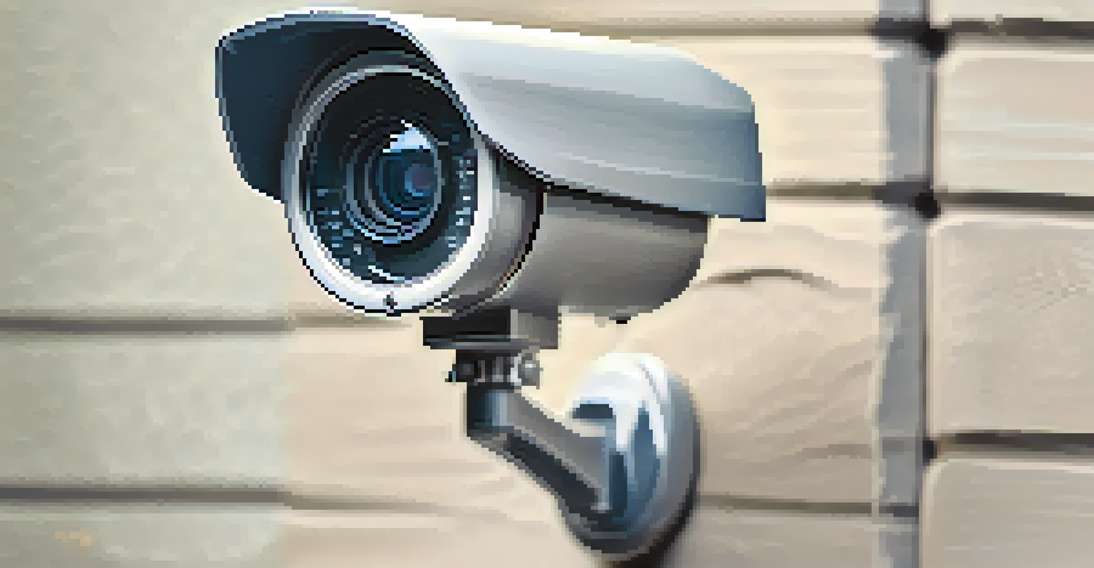 A close-up view of a high-resolution security camera, focusing on its intricate design against a blurred background.