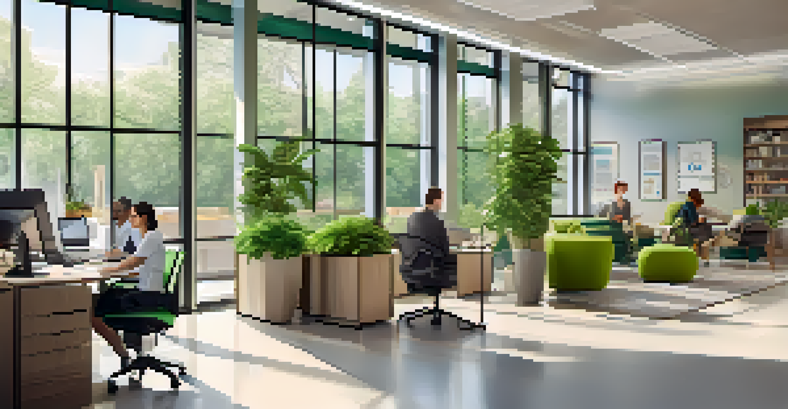 An eco-friendly office interior with natural lighting, plants, and employees working together in a healthy environment.