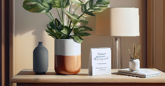 A cozy apartment entryway with a welcome kit, handwritten note, and potted plant illuminated by soft natural light.