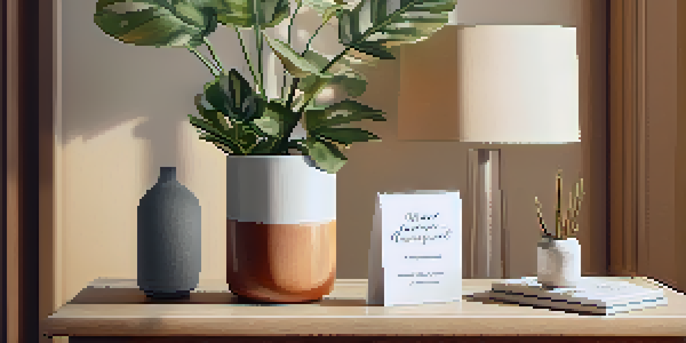 A cozy apartment entryway with a welcome kit, handwritten note, and potted plant illuminated by soft natural light.