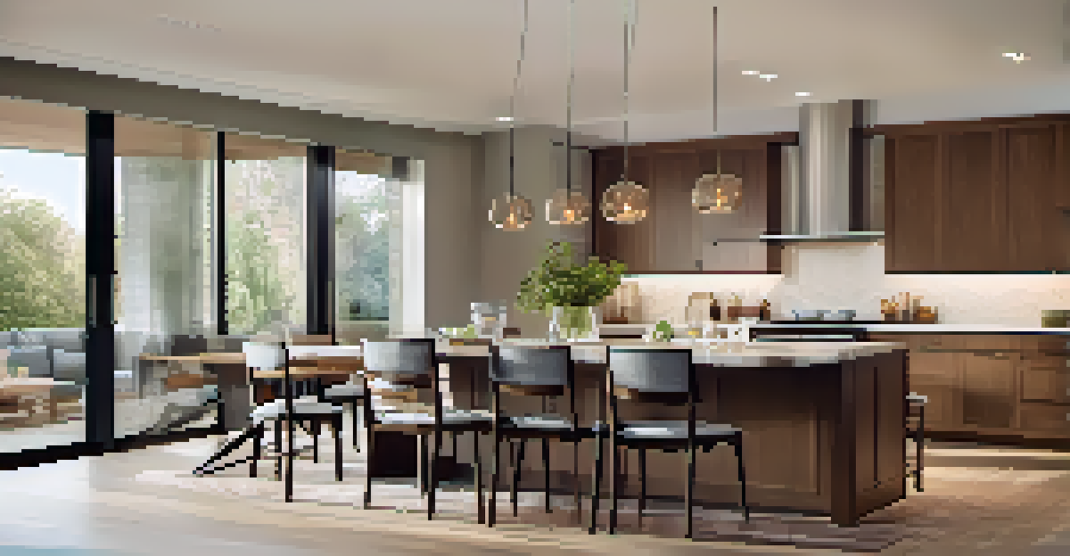 An open-concept kitchen and dining area with an island, wooden table, and soft pendant lighting.