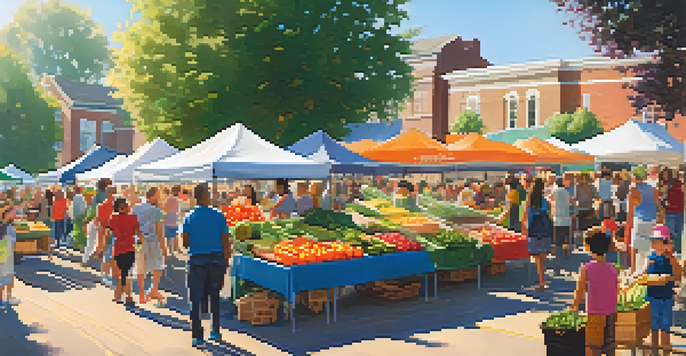 A lively farmers market with diverse people interacting with vendors and colorful stalls.
