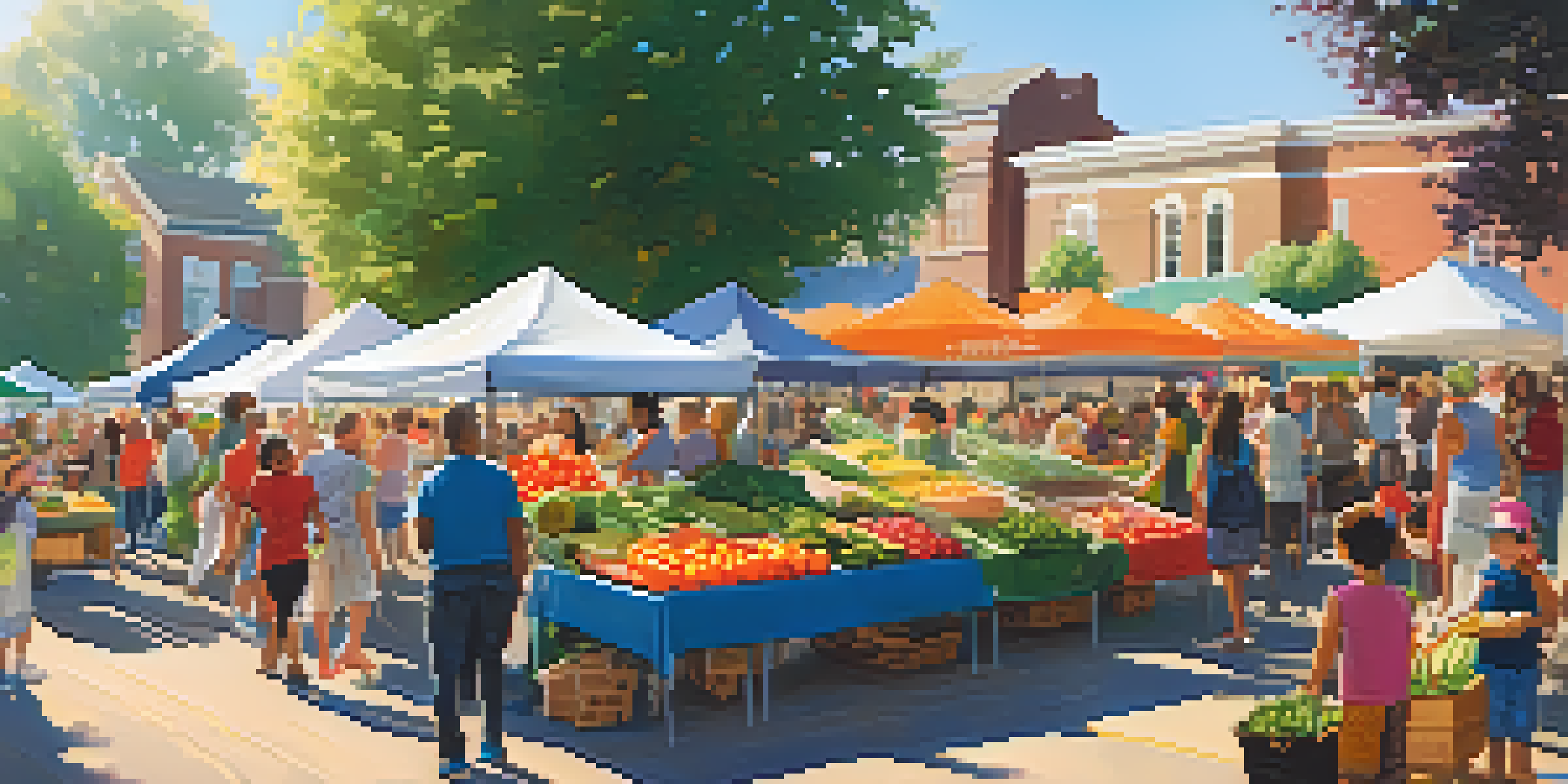 A lively farmers market with diverse people interacting with vendors and colorful stalls.