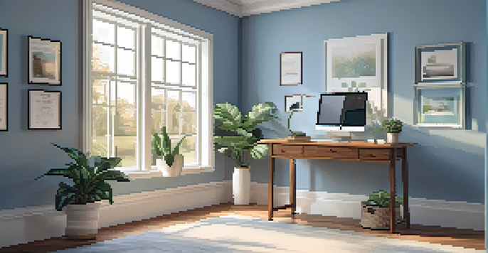 A cozy home office with a wooden desk and a laptop, featuring a potted plant and a window with sunlight.