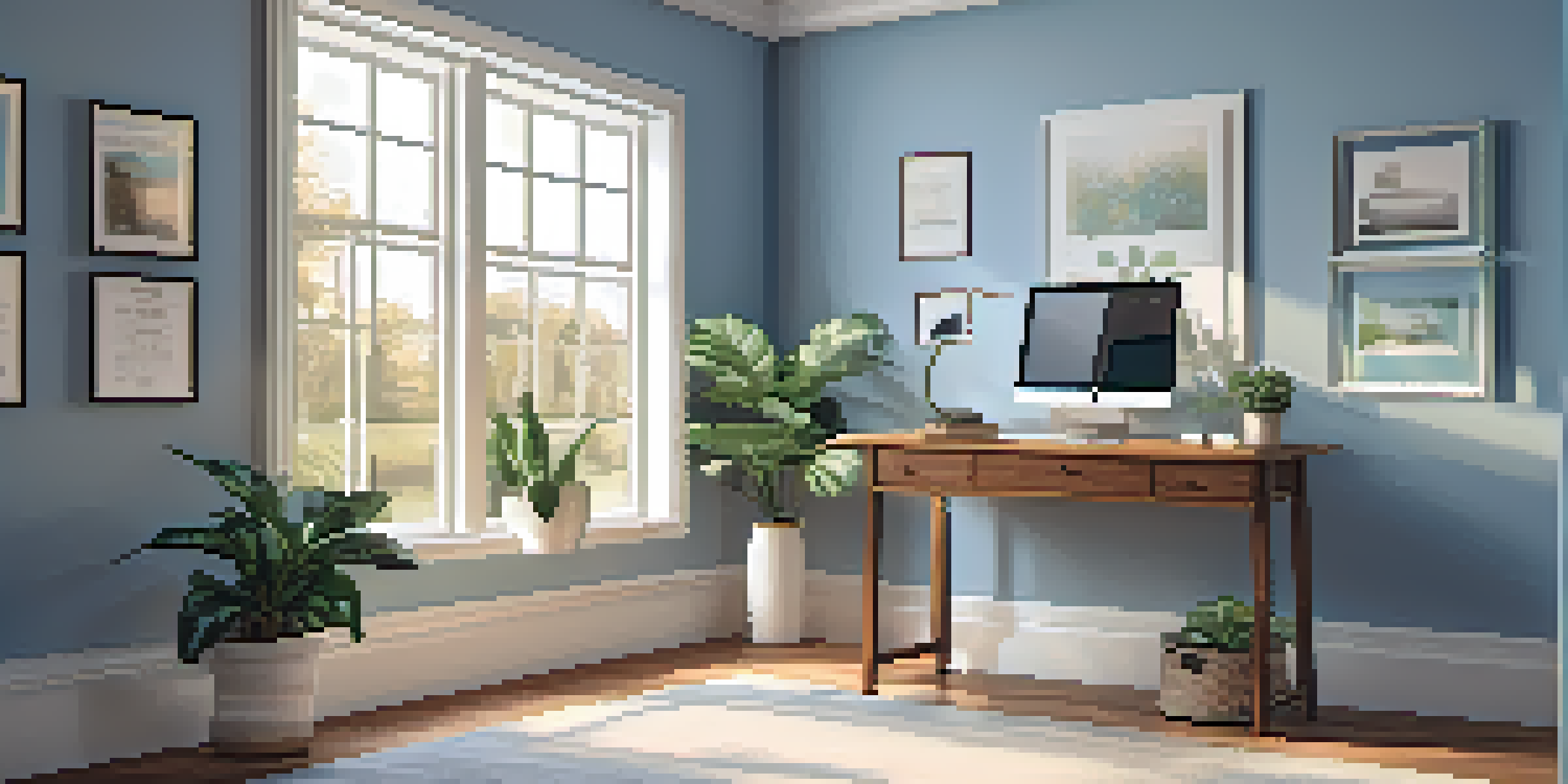 A cozy home office with a wooden desk and a laptop, featuring a potted plant and a window with sunlight.