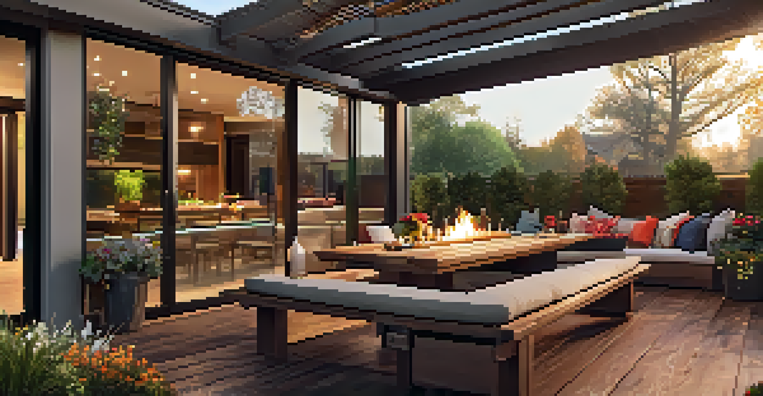 A multifunctional outdoor deck with a dining area, vibrant flower planters, and a built-in fire pit, all illuminated with warm lights.