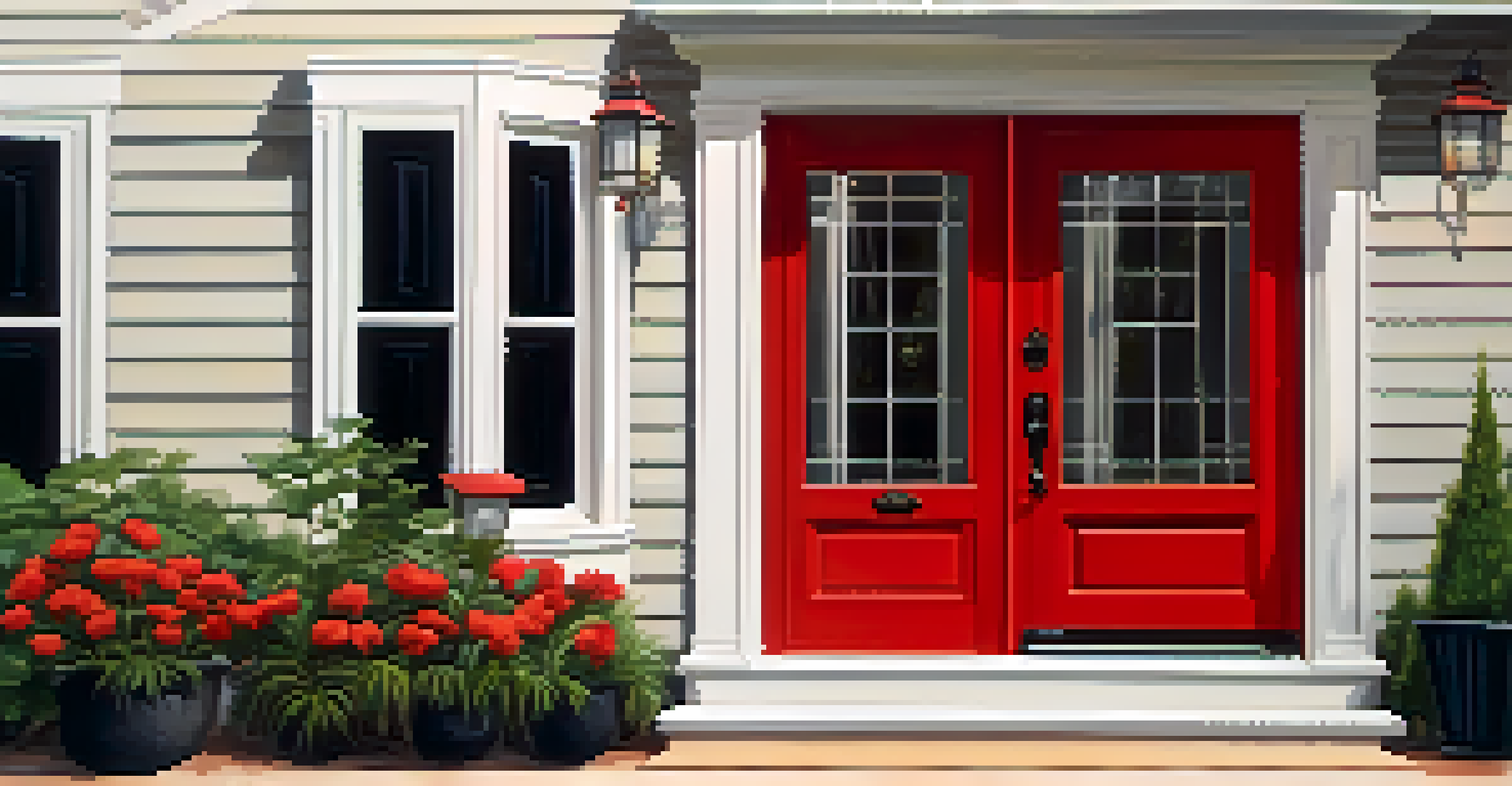 A bold red front door with modern house numbers and potted plants, creating a welcoming entrance.