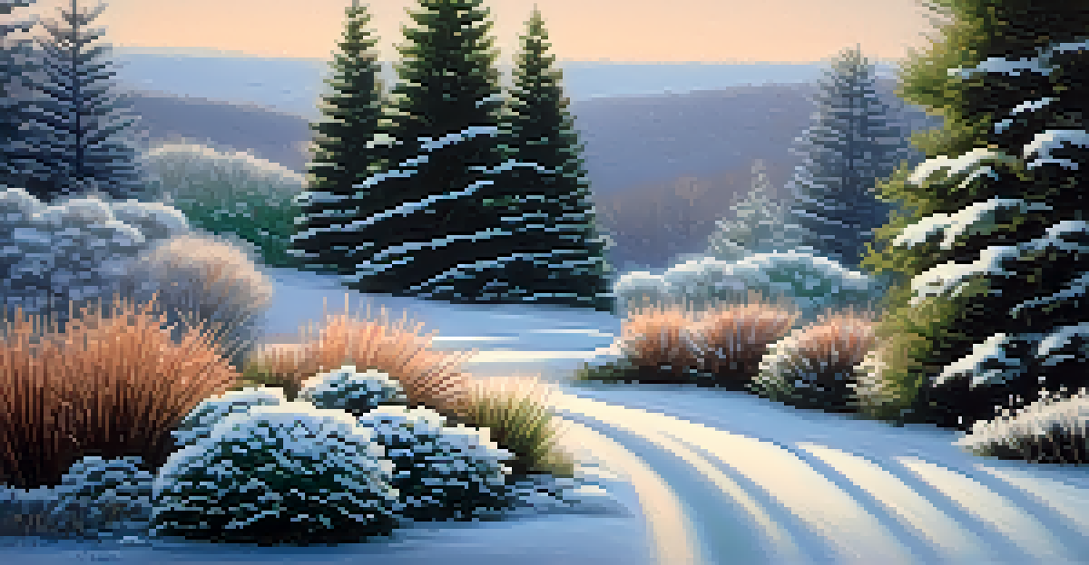 A tranquil winter garden with evergreen shrubs lightly dusted with snow under warm twilight light, creating a peaceful atmosphere.