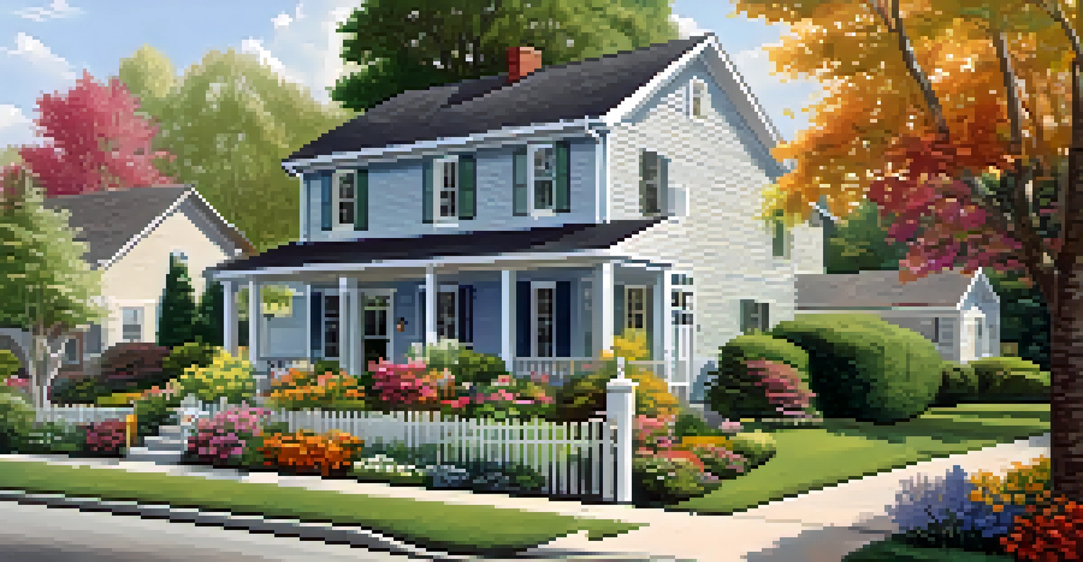 A peaceful suburban neighborhood with families in front yards, children playing, and colorful houses amidst greenery on a sunny day.