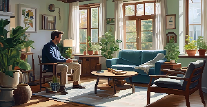 A cozy living room with a tenant and landlord discussing a move-out inspection at a table.