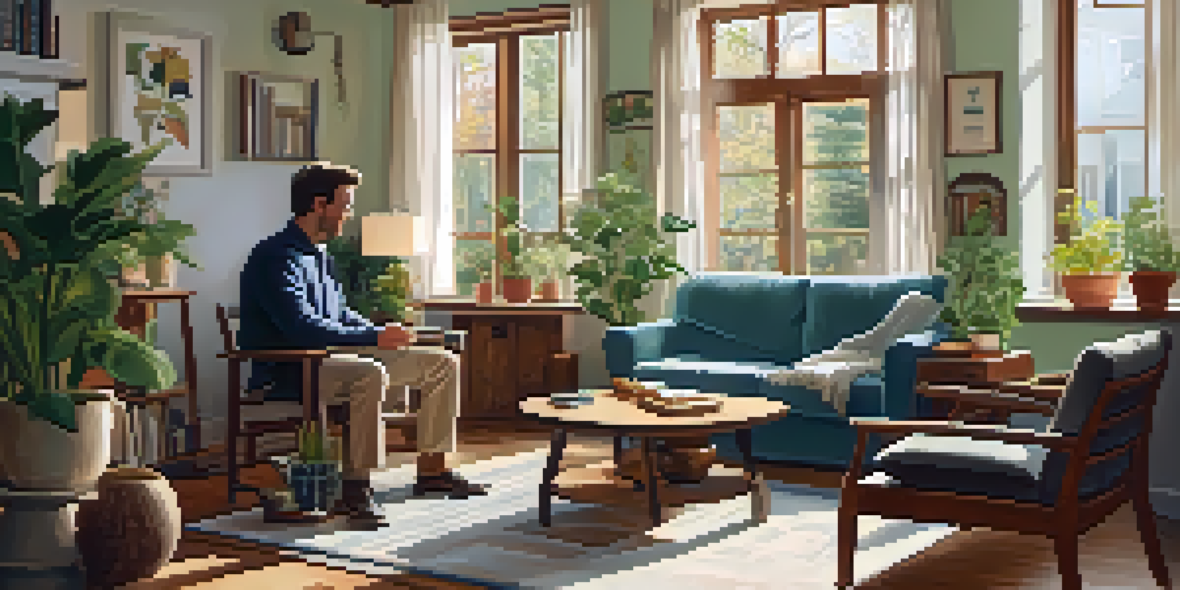 A cozy living room with a tenant and landlord discussing a move-out inspection at a table.