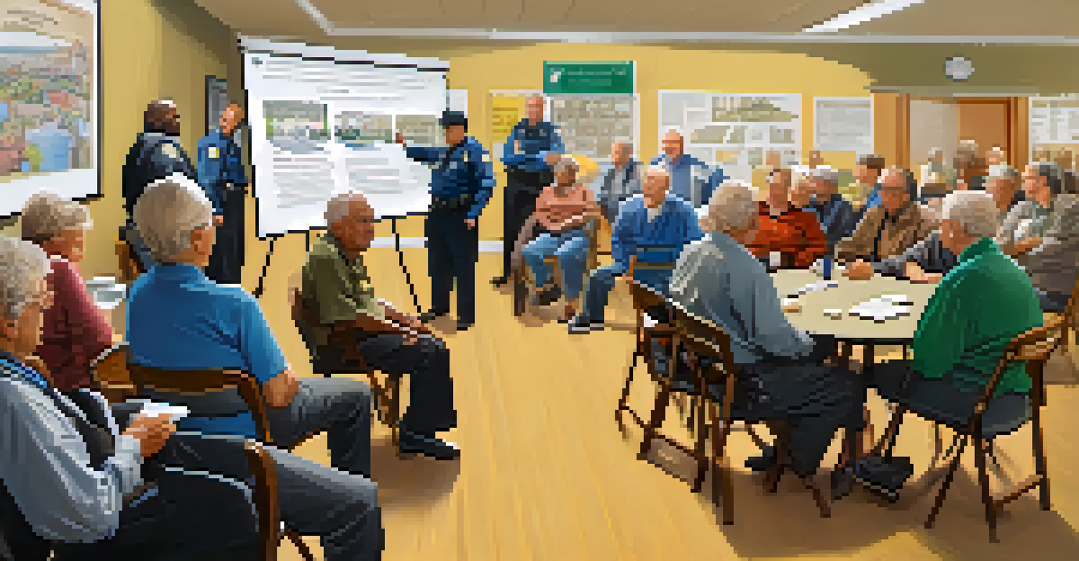 Seniors gathered in a community meeting discussing home security measures with a local law enforcement officer, fostering collaboration.
