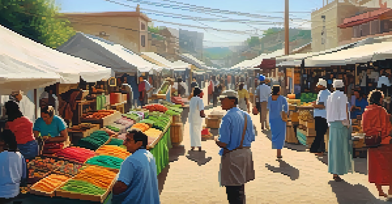A lively local market with artisans displaying handmade crafts and textiles, filled with people enjoying the community atmosphere.