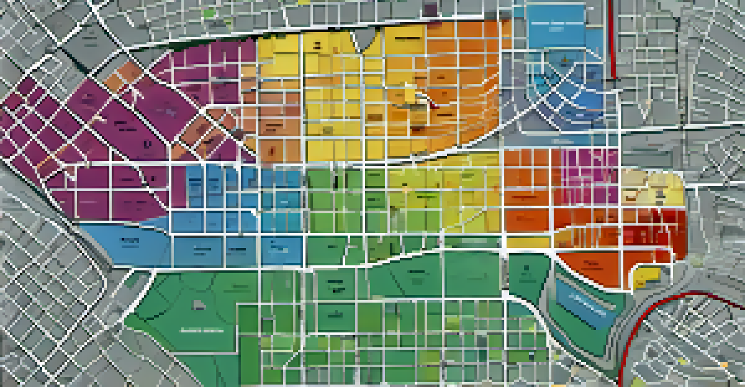 An illustrative zoning map with color-coded zones for residential, commercial, and industrial areas, designed for clarity.
