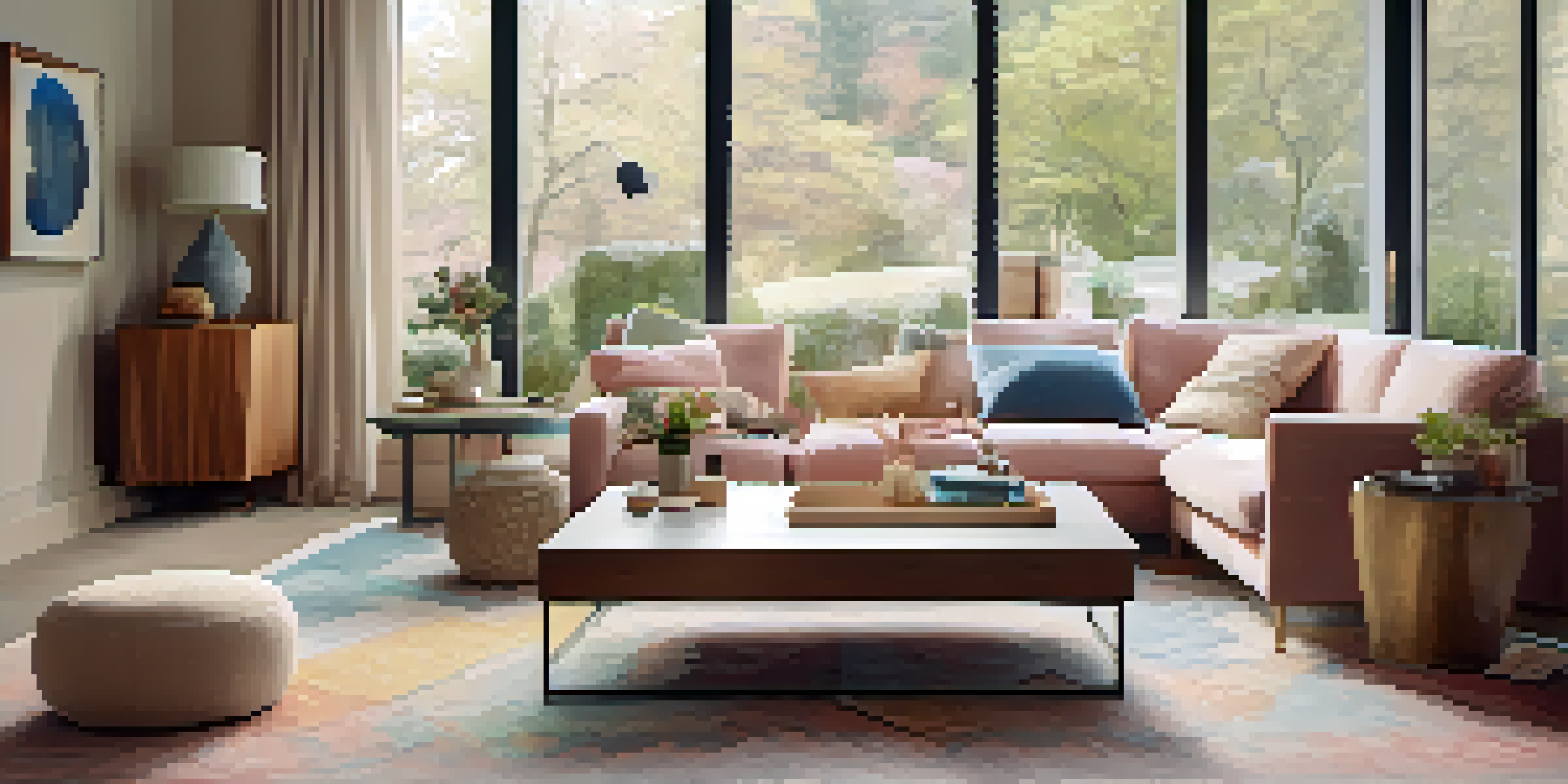 A warm and inviting living room showcasing a coffee table with hidden storage and an ottoman for seating, illuminated by natural light.