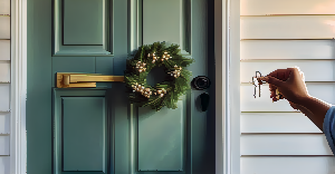 A hand holding house keys in front of a new home's front door, symbolizing new beginnings.