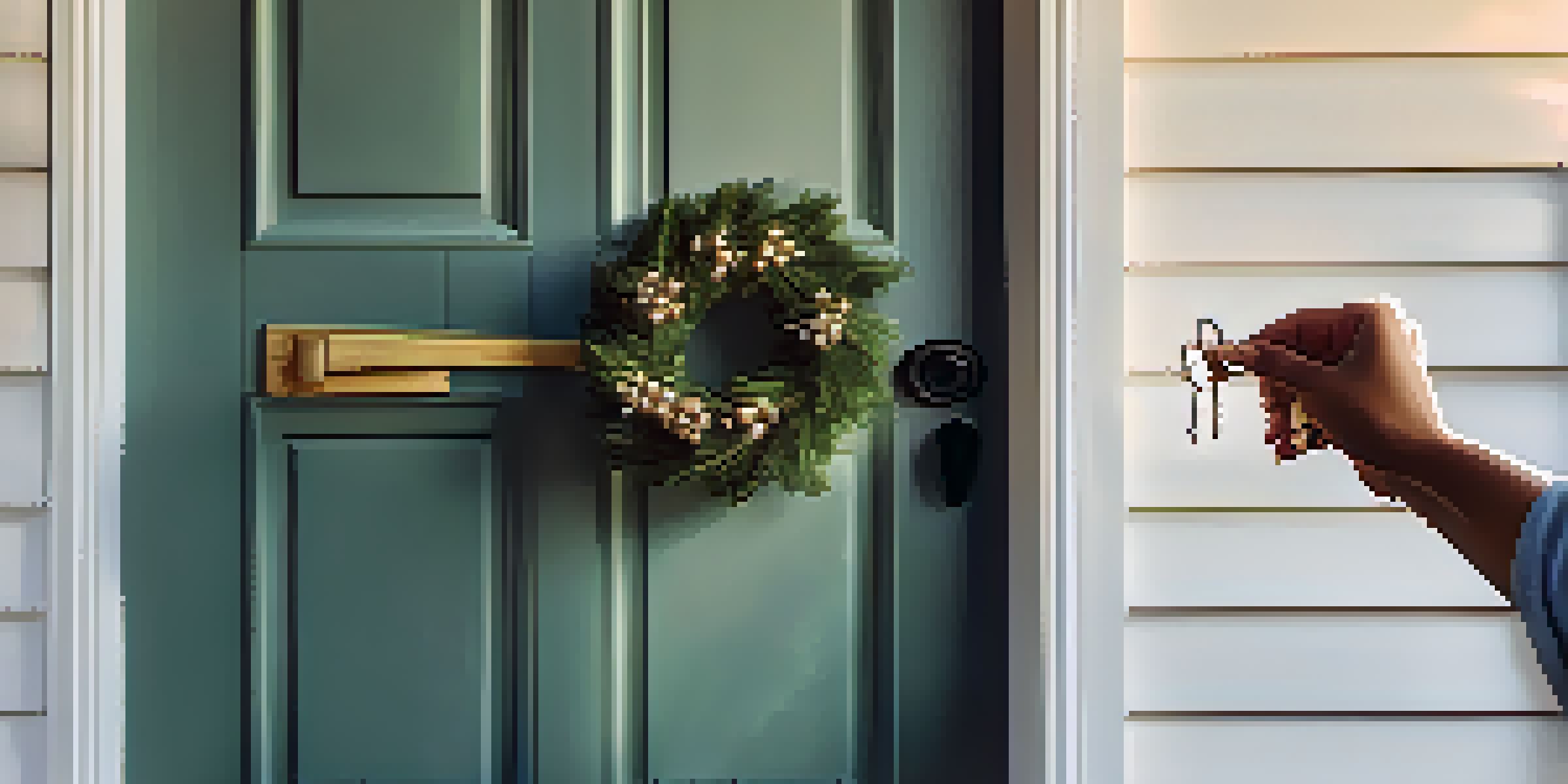 A hand holding house keys in front of a new home's front door, symbolizing new beginnings.