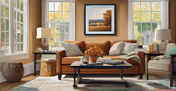 A warm and inviting living room with a sofa, coffee table, and home inspection reports, illuminated by natural light from a large window.