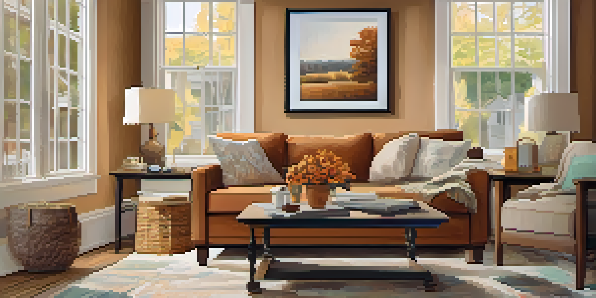 A warm and inviting living room with a sofa, coffee table, and home inspection reports, illuminated by natural light from a large window.