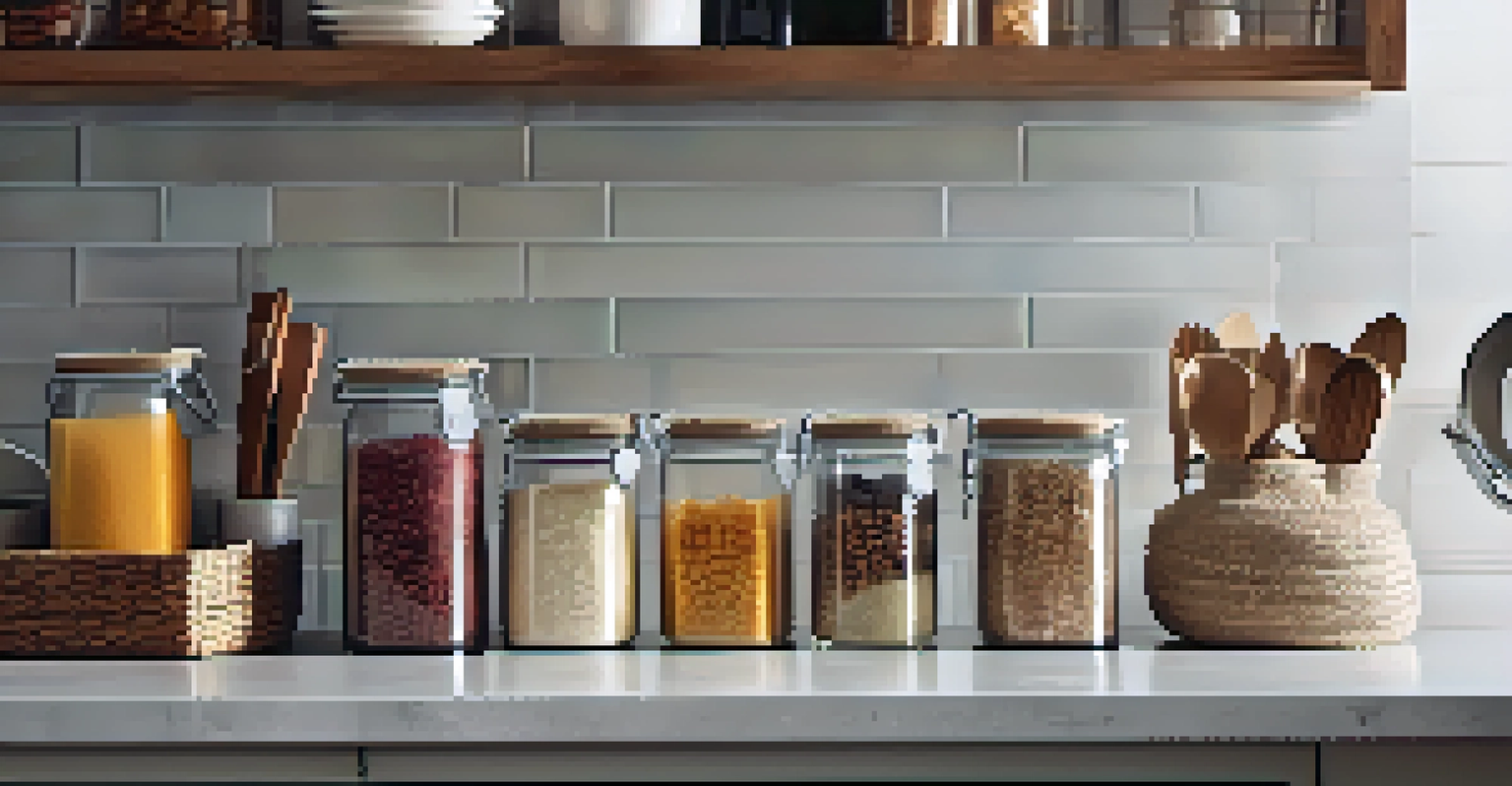 A well-organized kitchen countertop with clear containers and decorative baskets, illuminated by warm lighting.