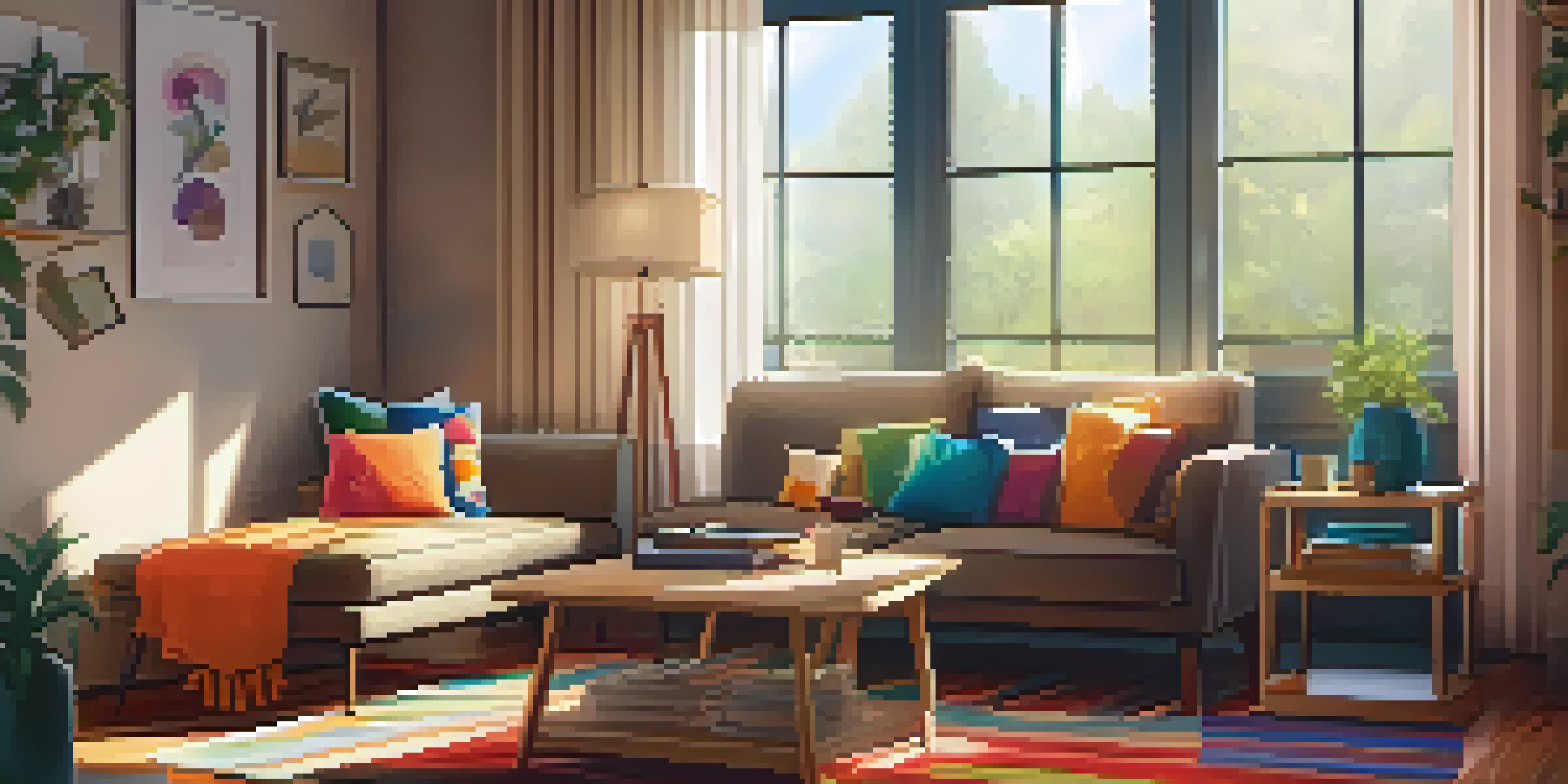 A warm and inviting living room with a comfortable sofa, colorful cushions, and sunlight coming through the curtains.