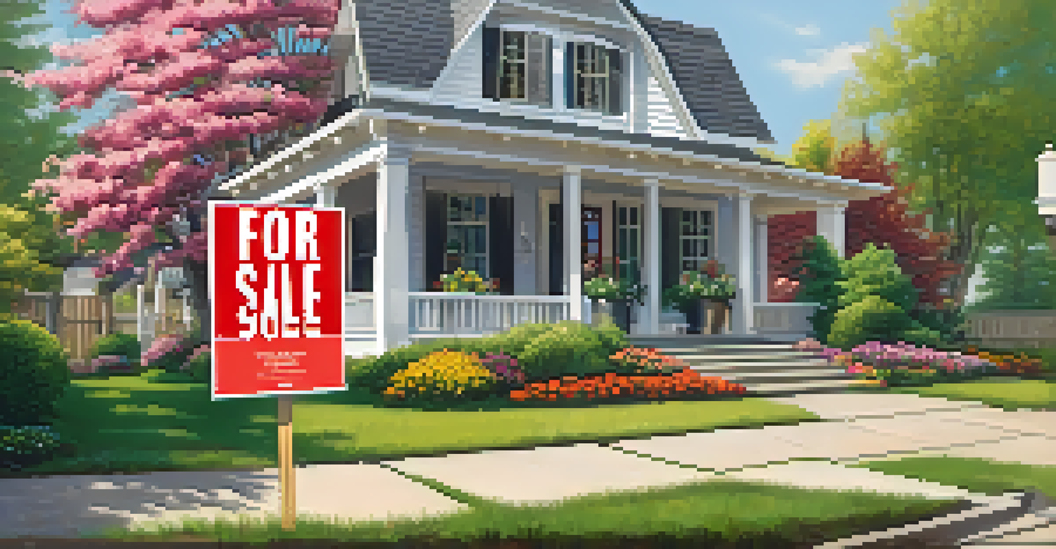Close-up of a 'For Sale' sign in front of a charming home with flowers and a sunny background.
