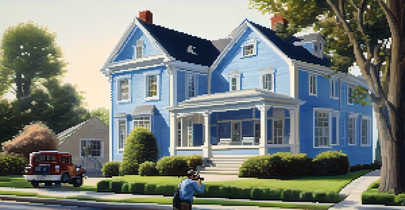 A contractor inspecting a historic house exterior in a charming neighborhood with a garden and blue sky.