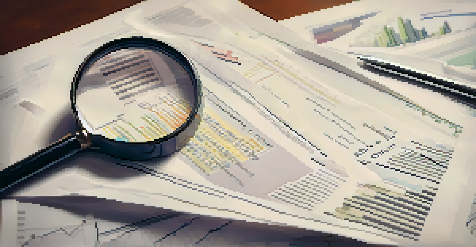 A close-up of a hand holding a magnifying glass over a document filled with graphs and statistics on real estate investment.