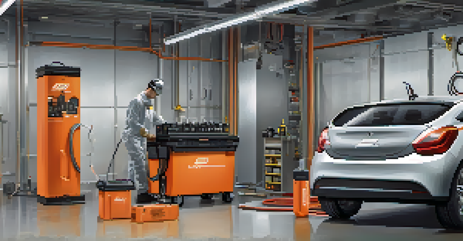 A close-up of a lithium-ion battery being installed in a garage setting.