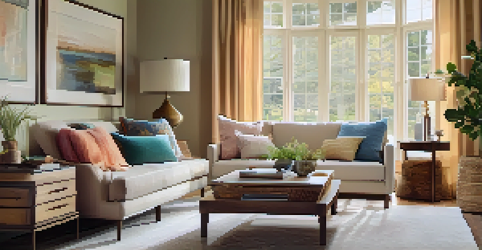 A beautifully staged living room with a cozy sofa, colorful cushions, and large windows letting in natural light.