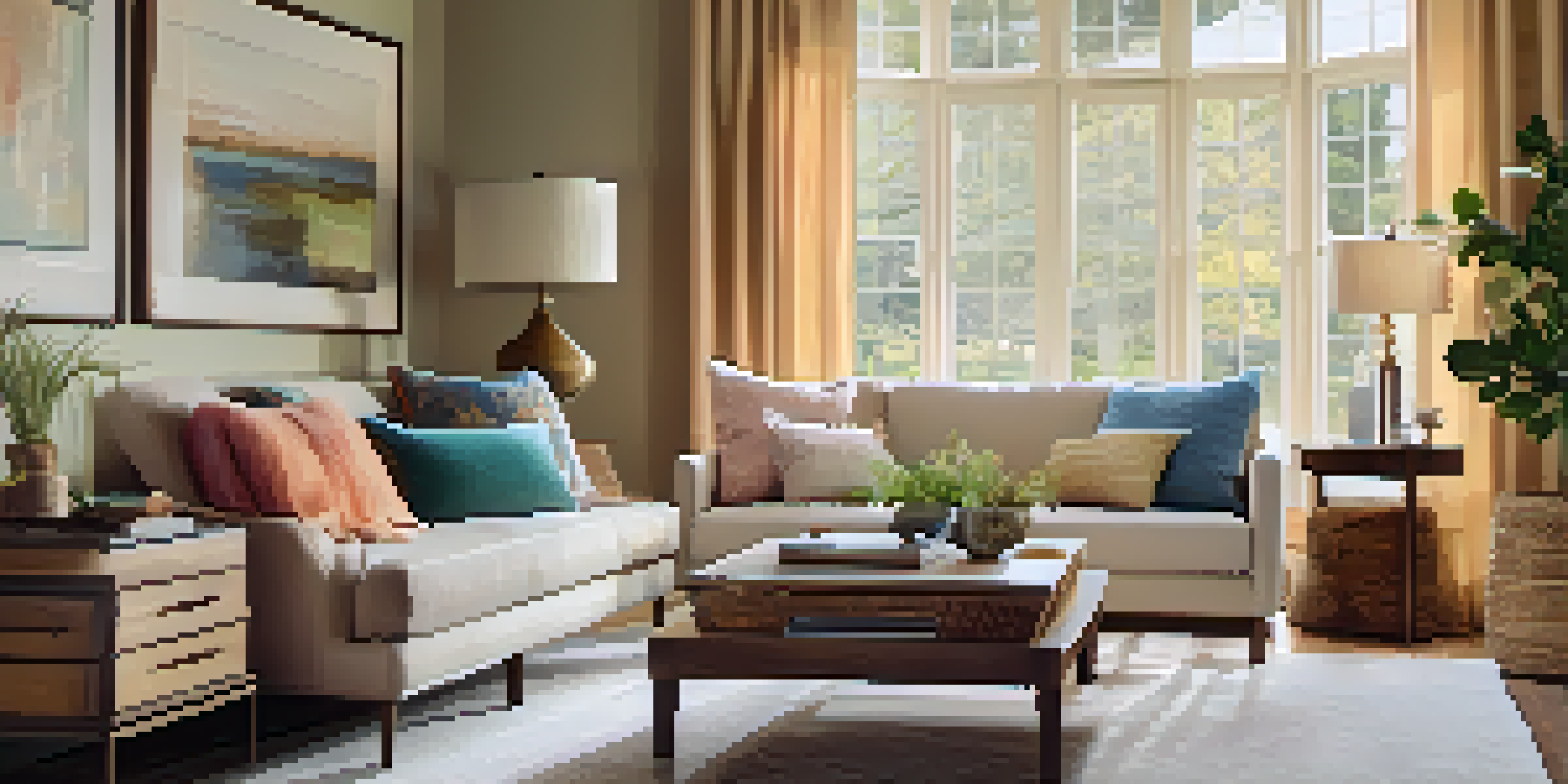 A beautifully staged living room with a cozy sofa, colorful cushions, and large windows letting in natural light.