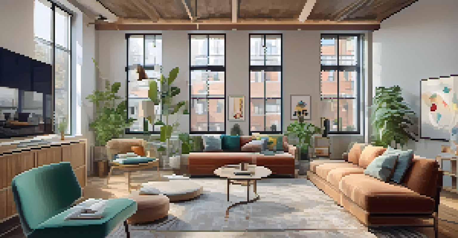 A stylish co-living space showing private bedrooms with modern decor and a shared lounge area where residents are socializing.