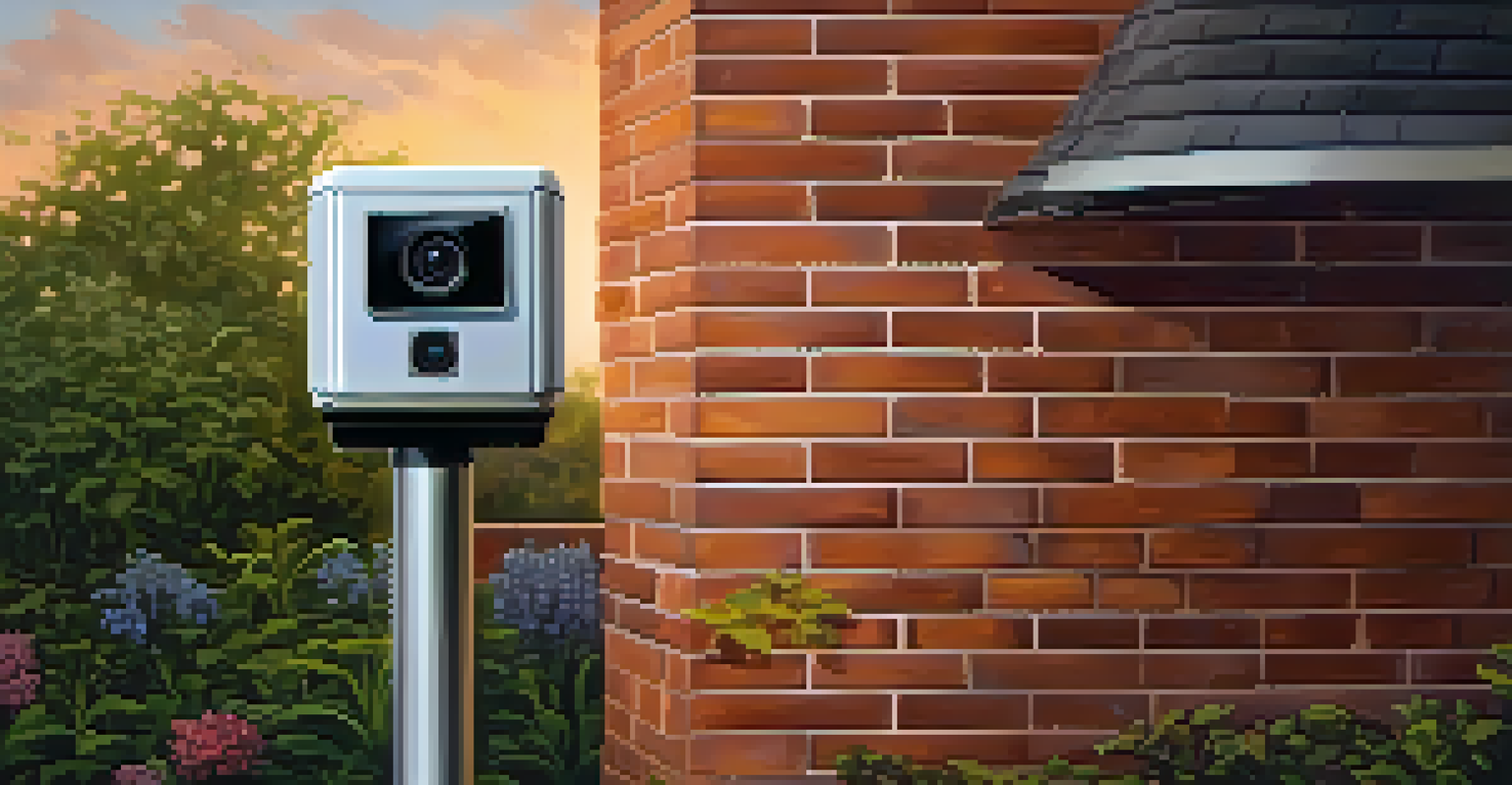 An automated security camera mounted on a wall overlooking a garden at dusk.