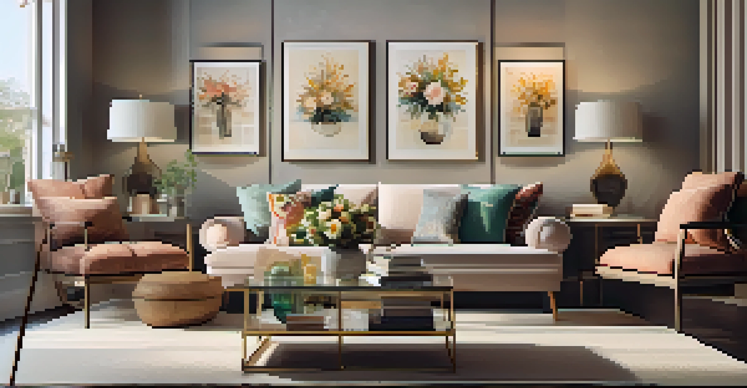 A stylish family room with decorative accessories, including a throw blanket and wall art.