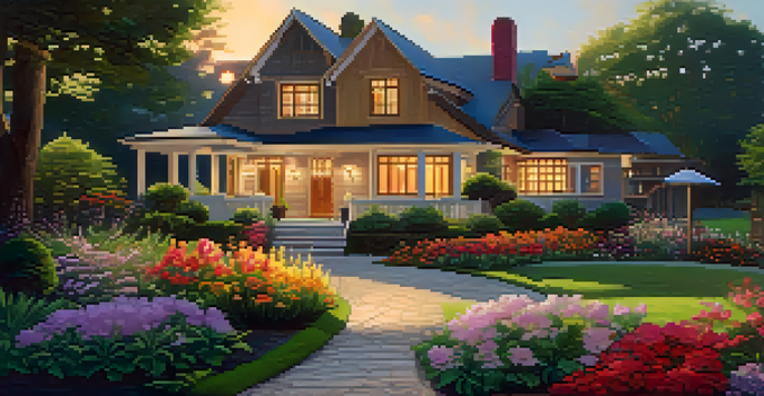 A modern home with greenery and flowers, illuminated by a sunset.