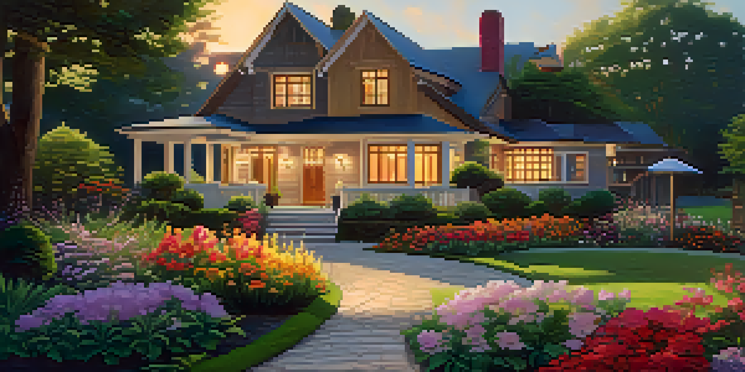 A modern home with greenery and flowers, illuminated by a sunset.