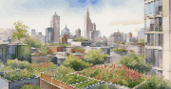 A city skyline with buildings that have green roofs filled with vegetation, under warm sunlight.