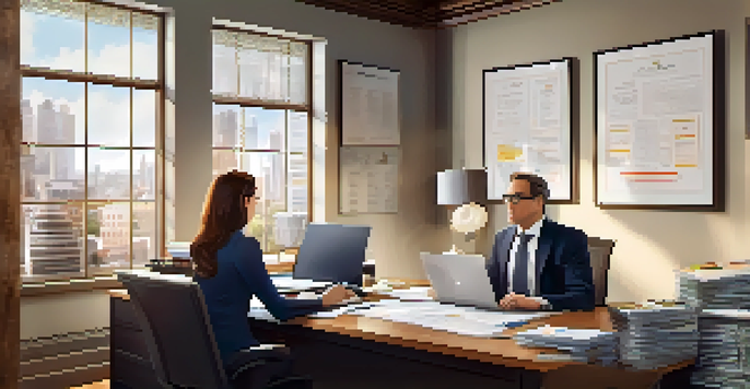 A tax advisor consulting with a real estate investor in a well-lit office, discussing financial documents and charts.