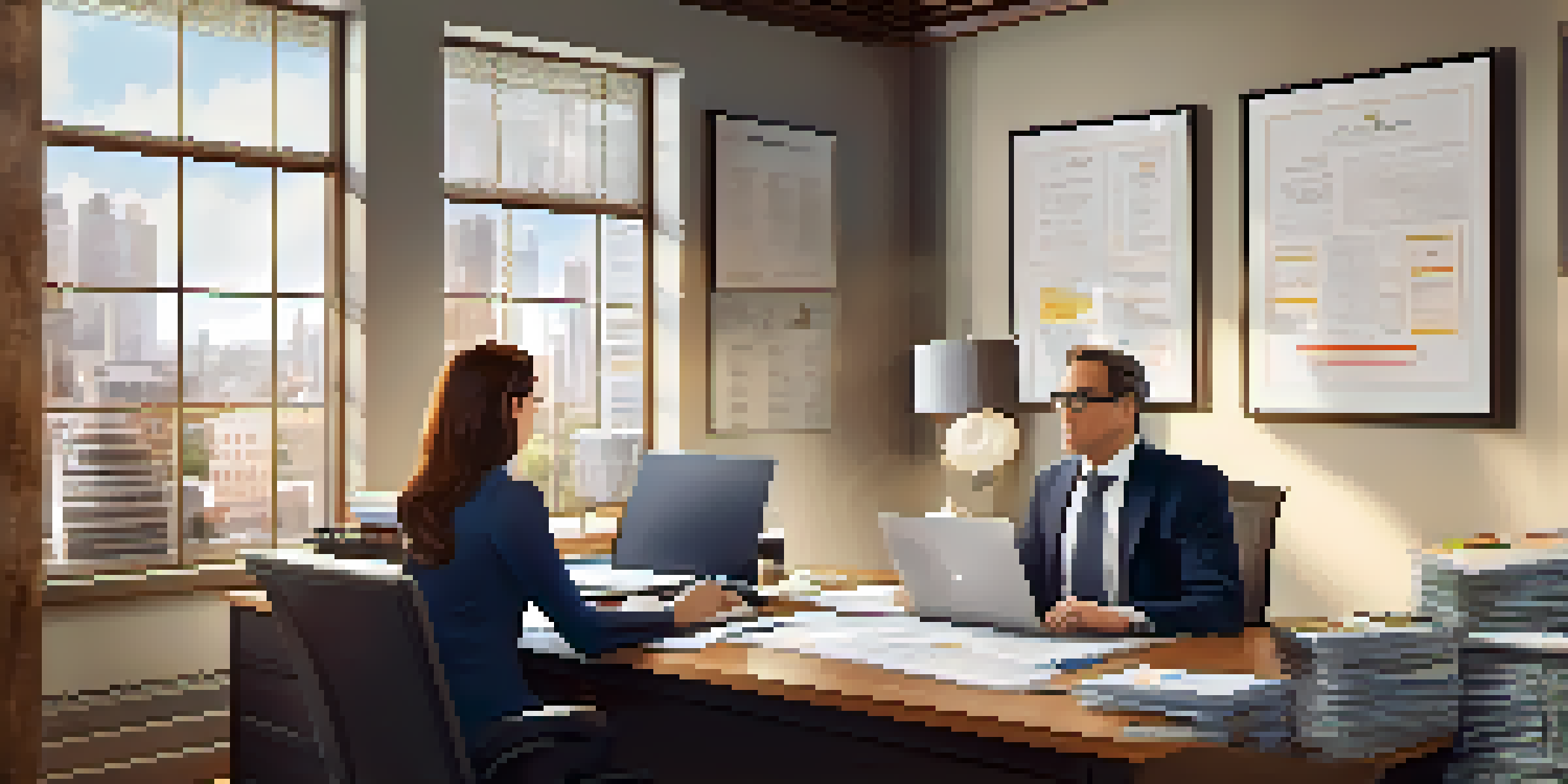 A tax advisor consulting with a real estate investor in a well-lit office, discussing financial documents and charts.