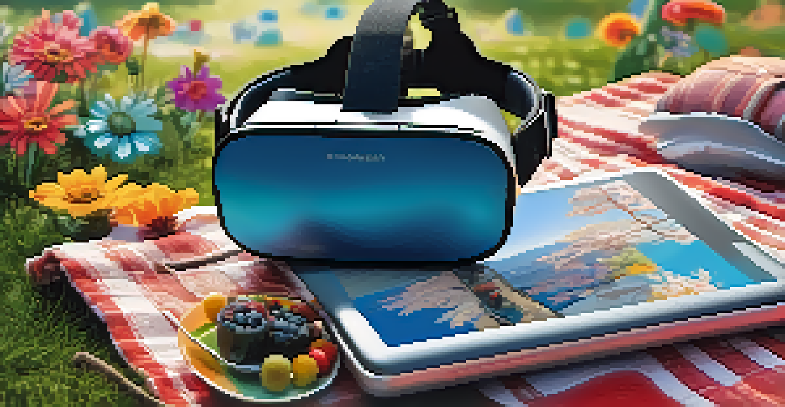 A virtual reality headset on a picnic blanket in a park, surrounded by flowers and people enjoying the outdoors.
