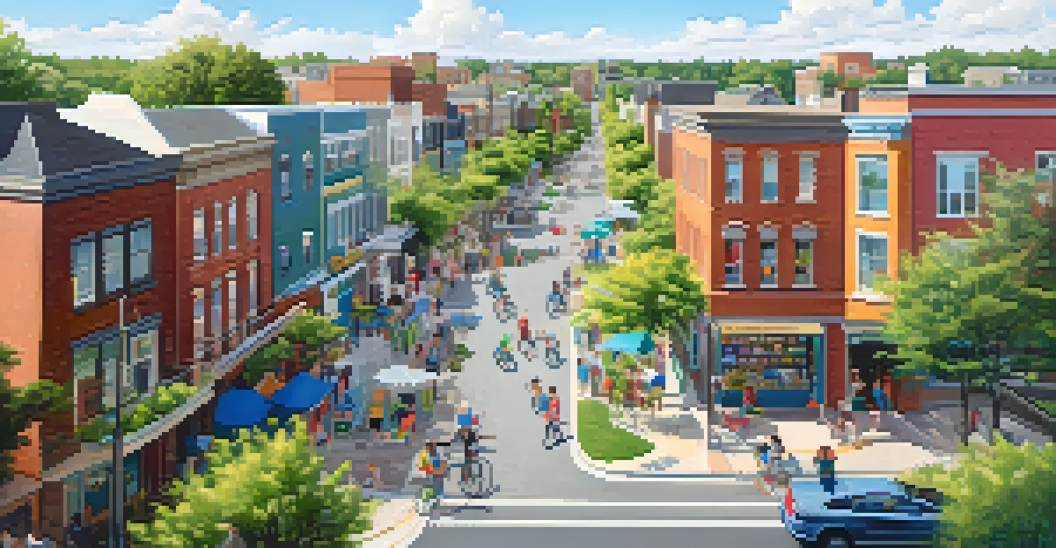 Aerial view of a vibrant neighborhood showing diverse properties and community life.